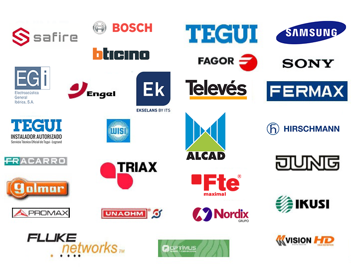 Proveedores de Telyme: Tegui, Bosch, Guinaz, Fagor, Sony, Samsung, EGI, Engel, Televes, Fermax, Alcad, Wisi, Triax, Fte, Jung, ikusi, Golmar, Promax, Nordix, Fluke, Optimus, Hirschmann